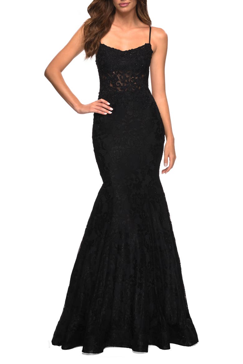 Mermaid Lace Gown with Sheer Bodice and Open Back, Main, color, Black
