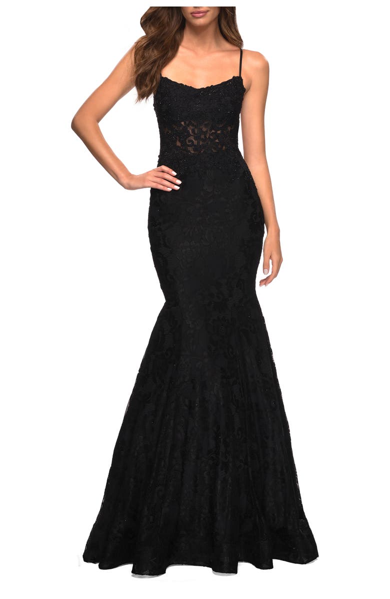 La Femme Mermaid Lace Gown with Sheer Bodice and Open Back, Main, color, Black