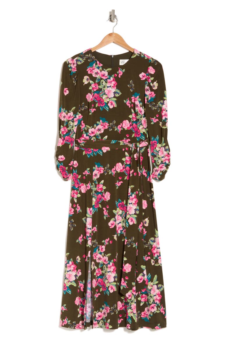 Floral Long Sleeve Midi Dress, Alternate, color, OLIVE