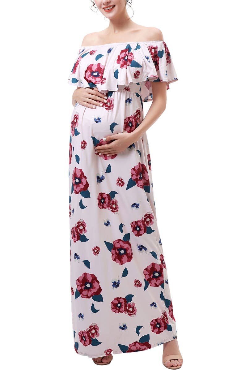 Kimi & Kai Marina Off the Shoulder Maternity Nursing Maxi Dress, Main, color, Multicolored