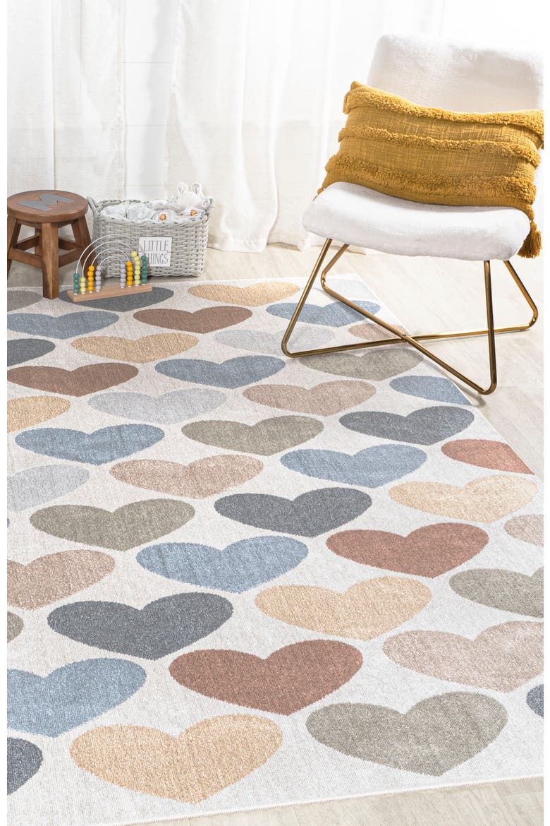 Dila Modern Hearts Geometric Machine-Washable Area Rug, Alternate, color, Ivory/Blue/Orange