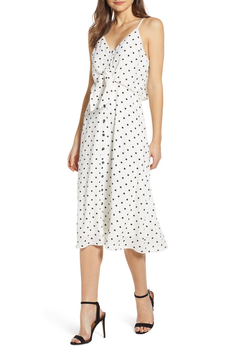 Polka Dot Tie Waist Midi Dresss, Main, color, BLACK DOT