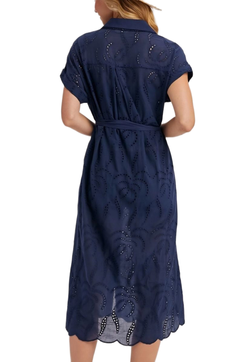 Knit and Lounge Eyelet Button Front Tie Waist Short Sleeve Scalloped Hem Shirt Dress, Alternate, color, Navy