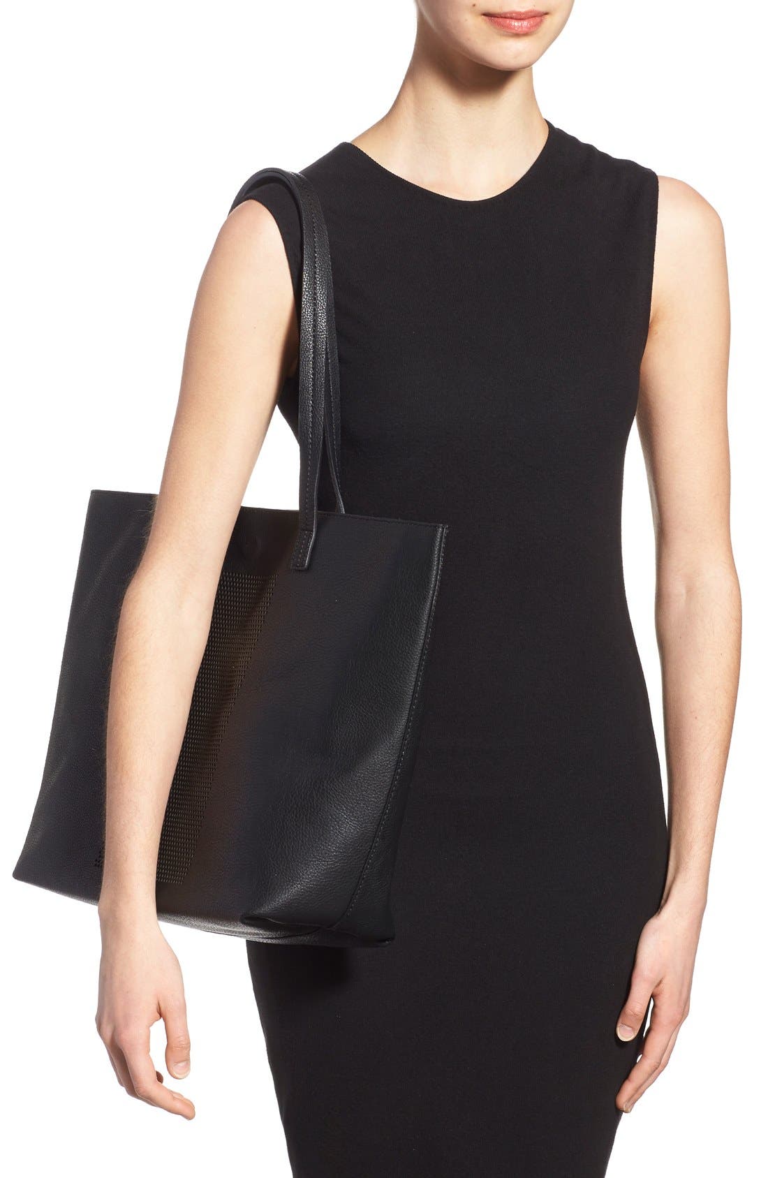 Laser Cut Panel Faux Leather Tote, Alternate, color, BLACK