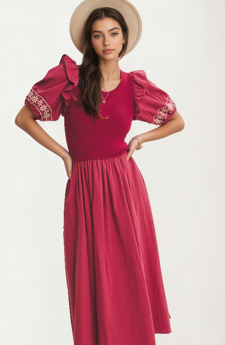 Knit and Lounge Embroidered Trim Puff Sleeve Midi Dress, Alternate, color, 