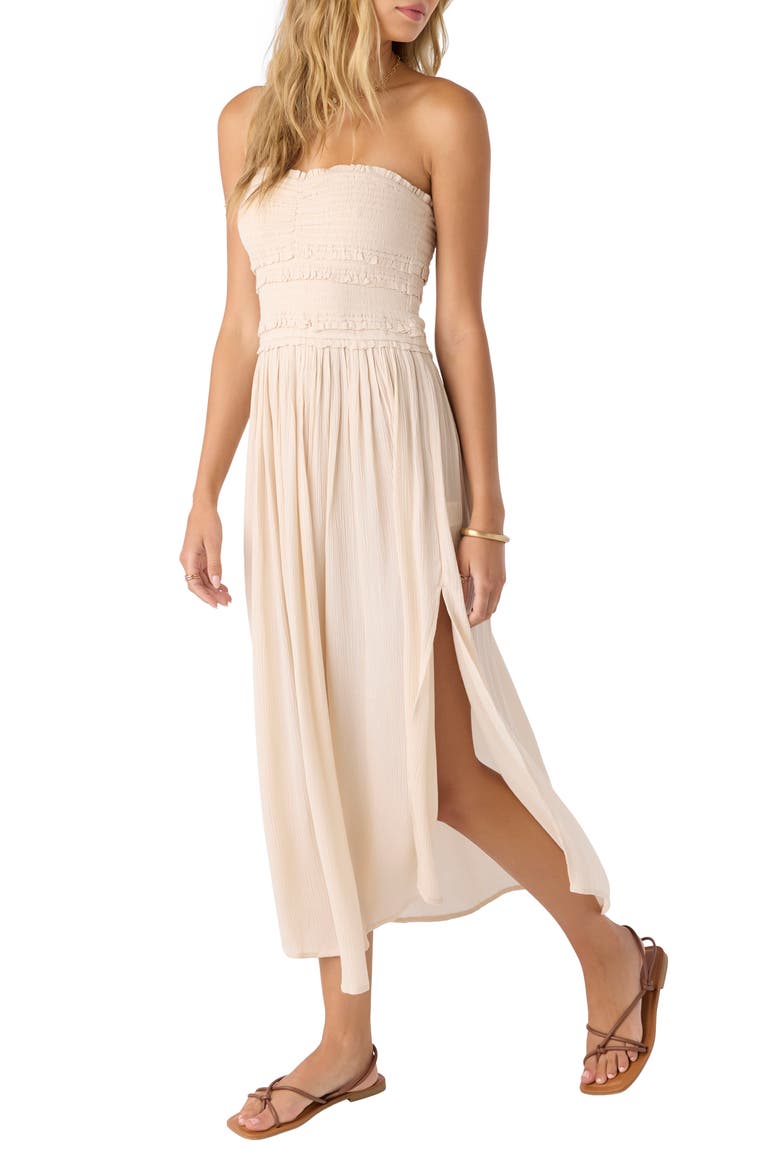 Devyn Smocked Strapless Midi Dress, Alternate, color, TAPIOCA