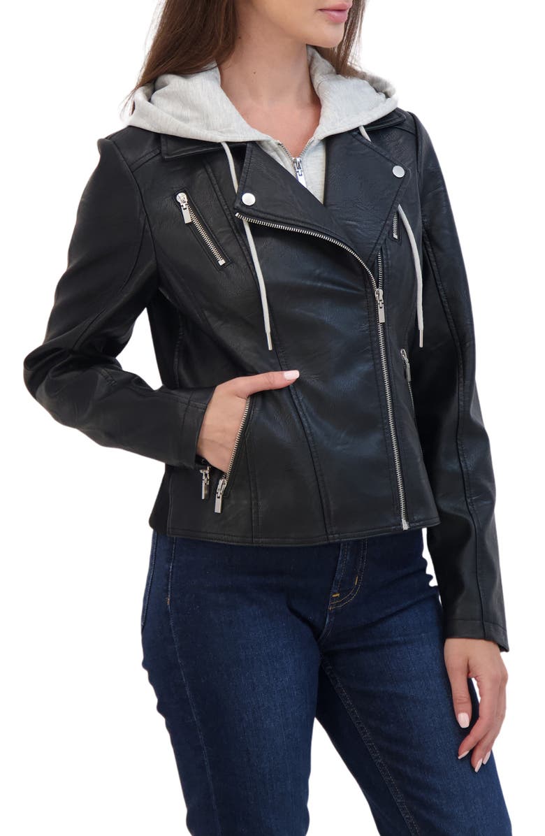 Sebby Fleece Hooded Faux Leather Moto Jacket, Alternate, color,