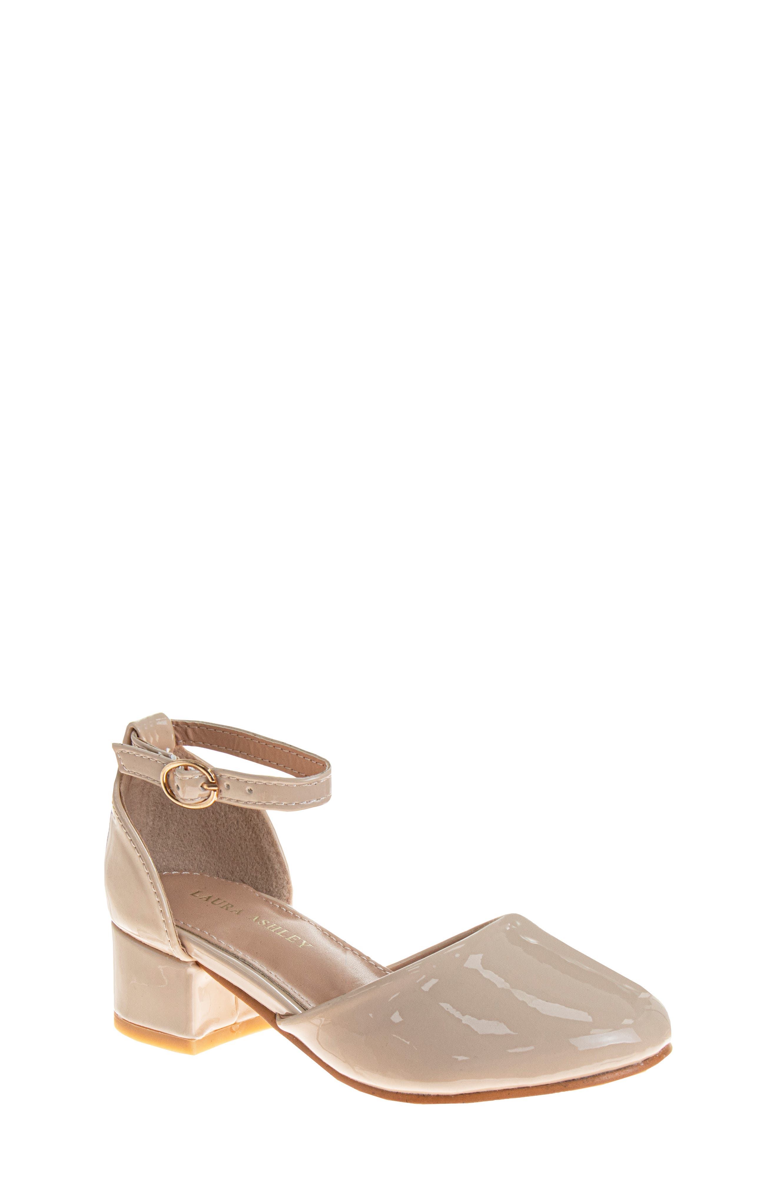 Kids' Ankle Strap Block Heel Pump, Main, color, BEIGE PATENT
