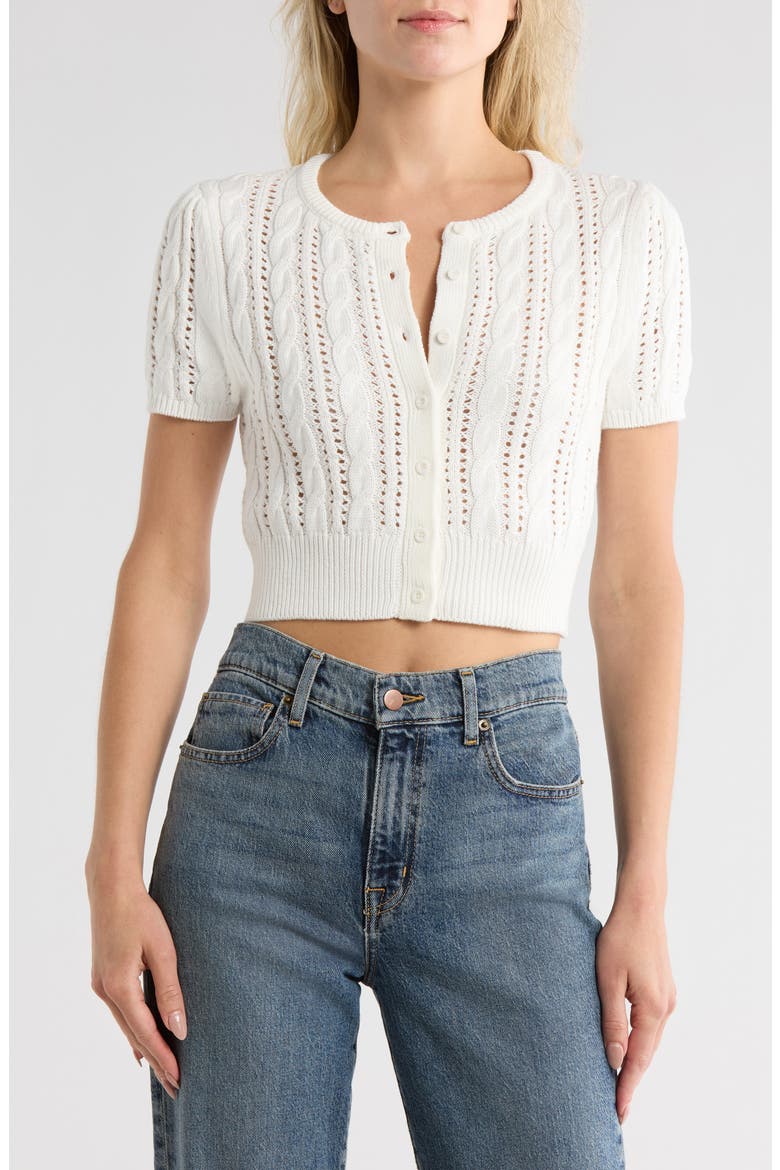 Crop Pointelle Short Sleeve Cardigan, Main, color, CREME
