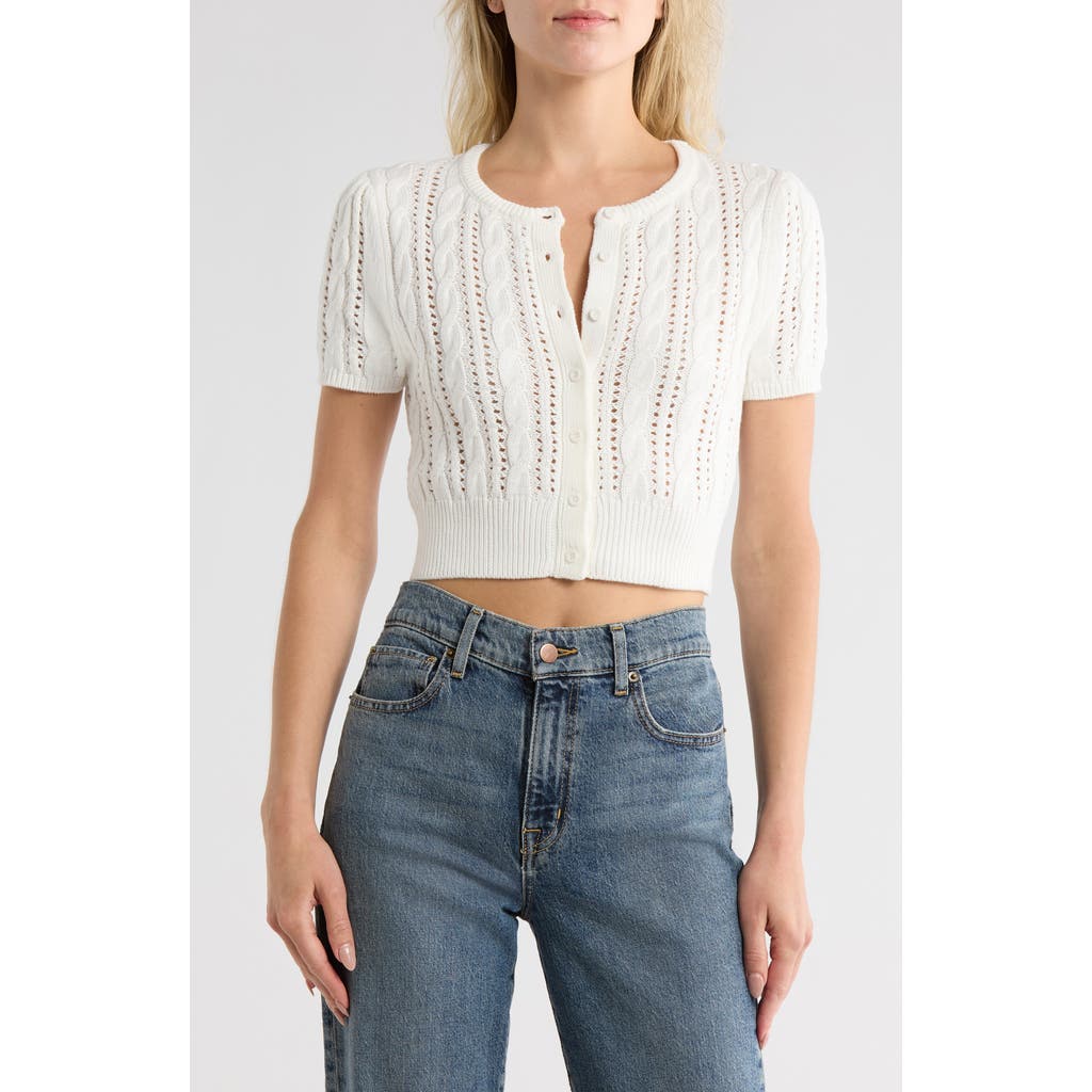 Vigoss Crop Pointelle Short Sleeve Cardigan In Sand