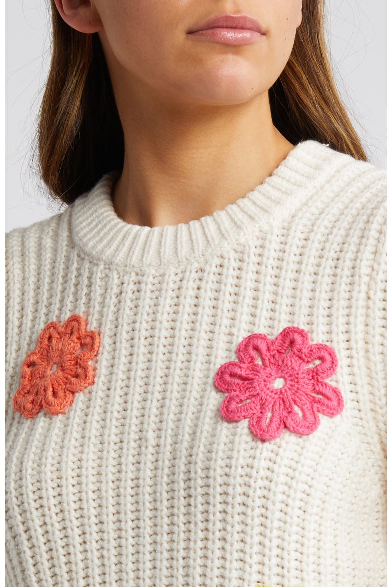 Romi Floral Crochet Accent Crewneck Sweater, Alternate, color, IVORY MULTI DAISIES