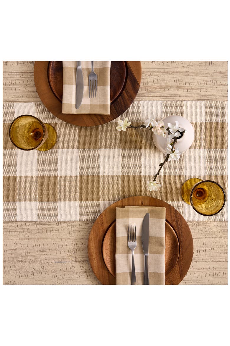 Checkered Fringe Cotton Table Runner, Alternate, color, BROWN