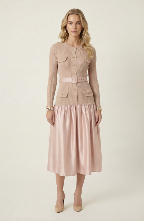 Ribbed Knit and Satin Midi Dress