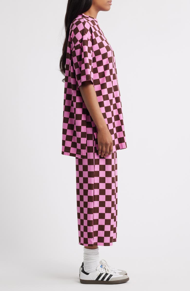 Dressed in Lala Lex Ribbed Oversize T-Shirt & High Waist Crop Pants Set, Alternate, color, Pink/ Brown