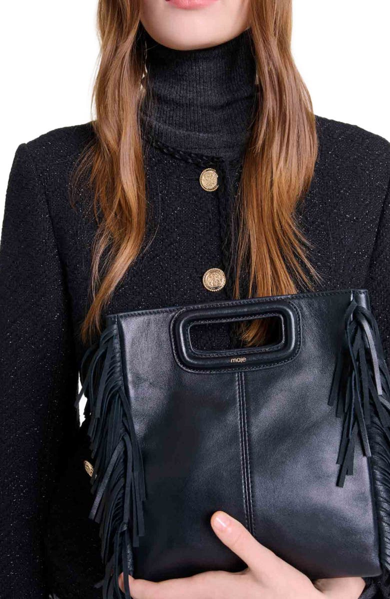 maje Smooth leather M bag with fringing, Alternate, color, Black