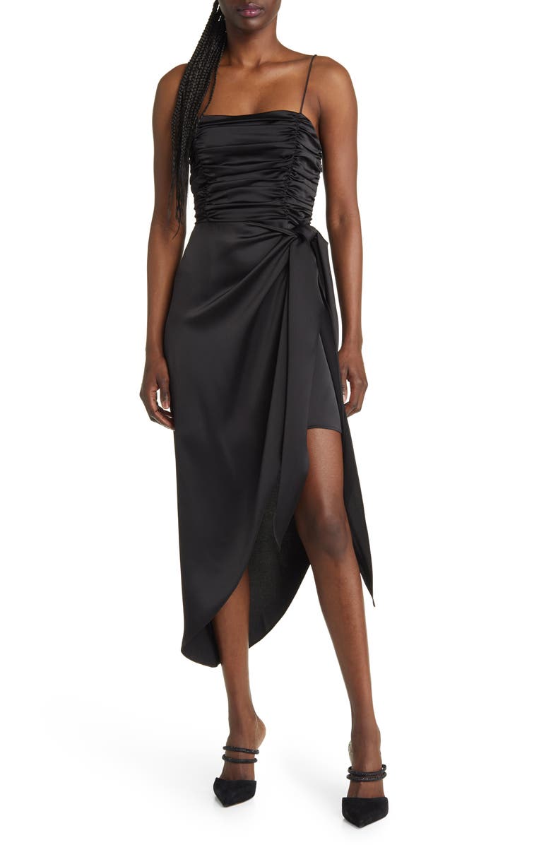 WAYF Ruched Bodice Satin Midi Dress, Main, color,