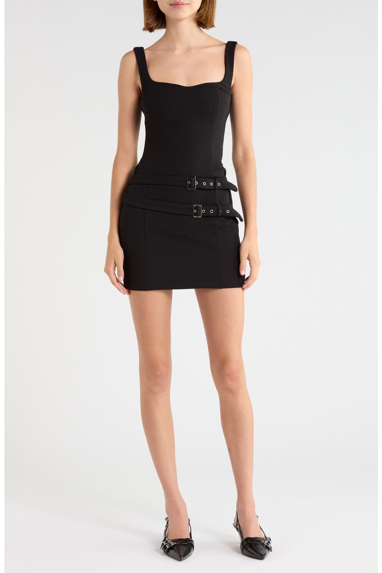 Jackelyn Bonded Buckle Minidress, Main, color, BLACK