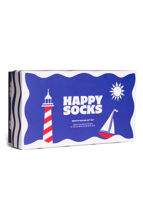 Happy Socks Smooth Sailing 3-pack Assorted Crew Socks Gift Set In Blue