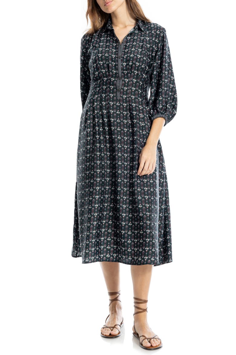 Three-Quarter Sleeve Midi Shirtdress, Alternate, color, NAVY MULTI