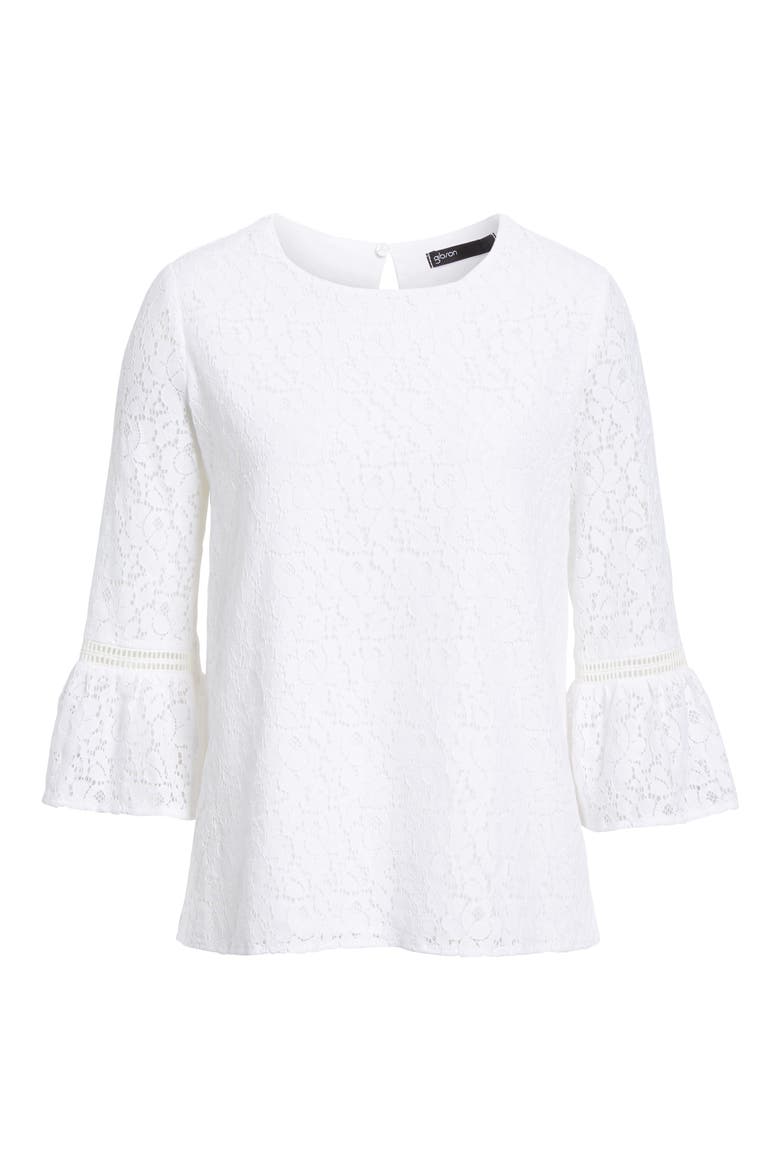 Gibson x Glam Squad Erin Allover Lace Bell Sleeve Top (Nordstrom Exclusive), Alternate, color, WHITE