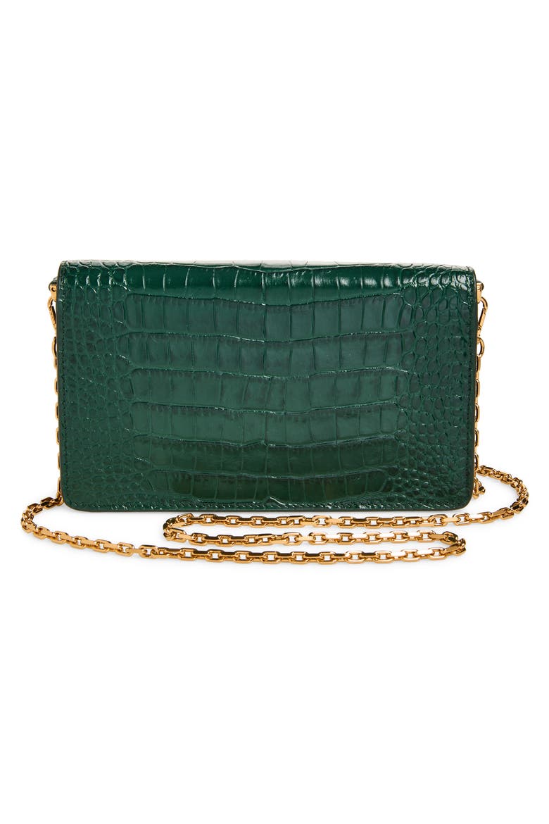 Medusa Croc Embossed Leather Wallet on a Chain, Alternate, color, DARK EMERALD GOLD