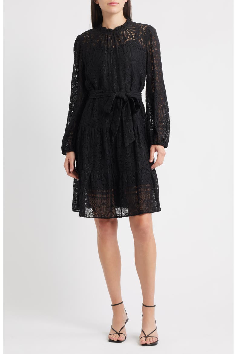 Long Sleeve Tiered Lace Dress, Main, color, BLACK