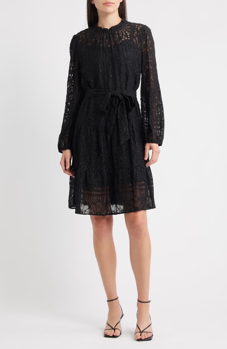 Julia Jordan Long Sleeve Tiered Lace Dress, Main, color, Black