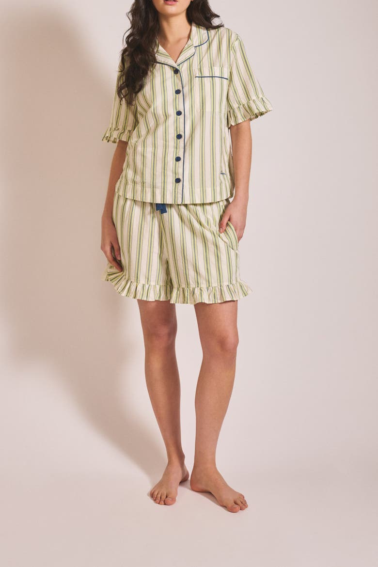 Cotton Stripe Short Pajamas, Alternate, color, Olive Stripe Ruffle
