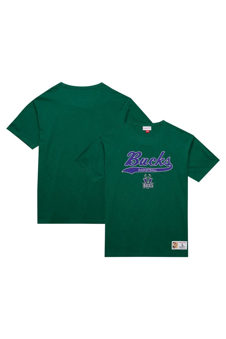 Men's Mitchell & Ness Green Milwaukee Bucks Hardwood Classics Felt Applique Slub T-Shirt, Main, color, Green