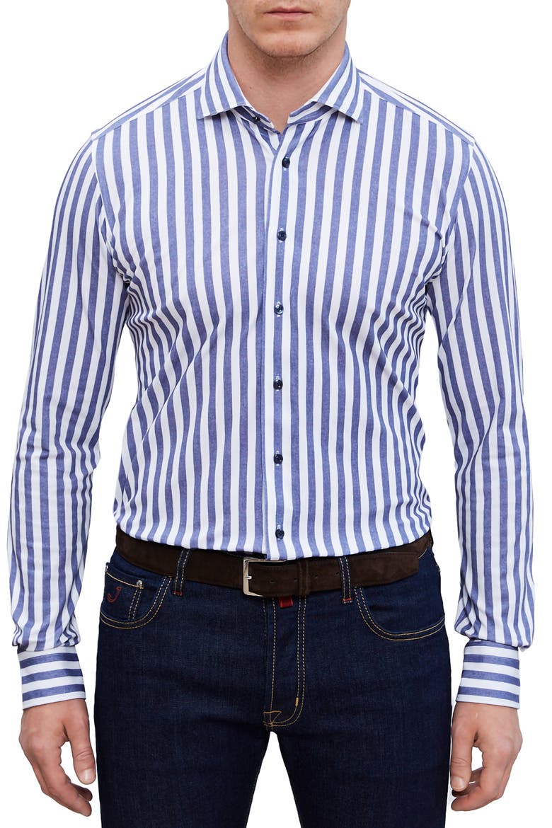 4Flex Modern Fit Stripe Knit Button-Up Shirt, Main, color, NAVY