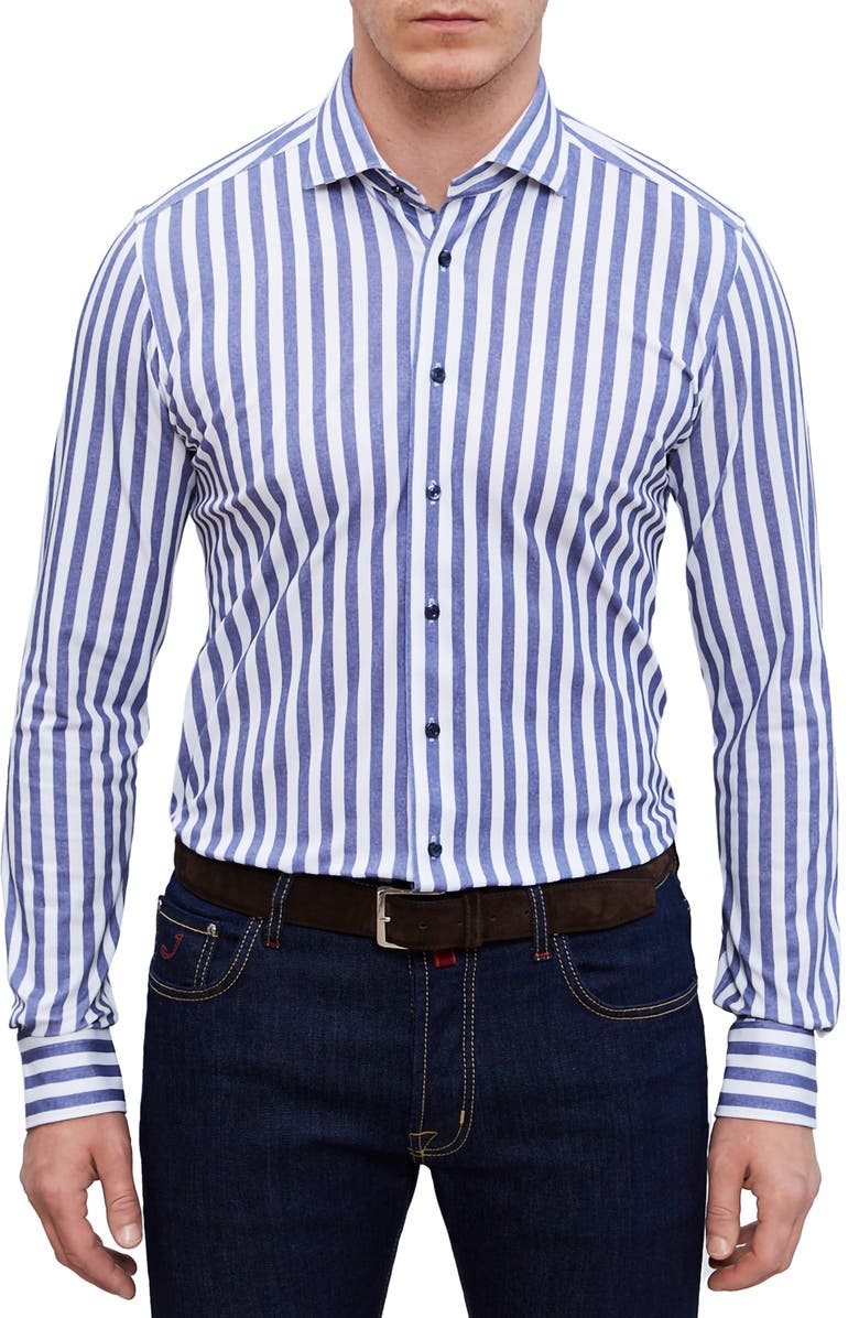 Emanuel Berg 4Flex Modern Fit Stripe Knit Button-Up Shirt, Main, color, 