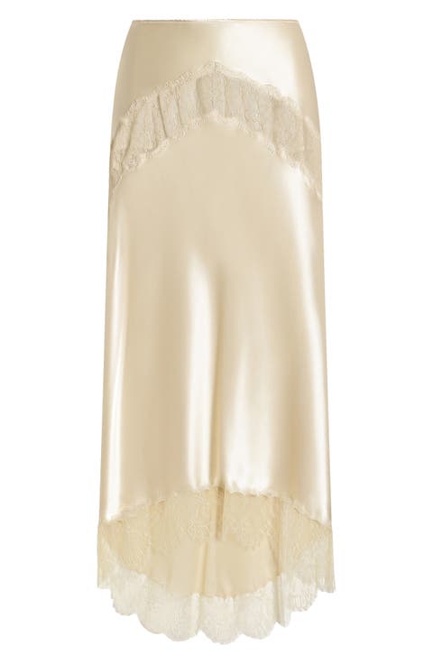 Lace Trim Silk Satin Slip Skirt
