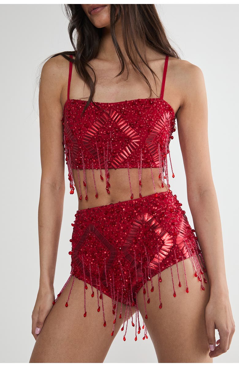 NASTY GAL Embellished Tassel Beaded Booty Shorts, Alternate, color, Red