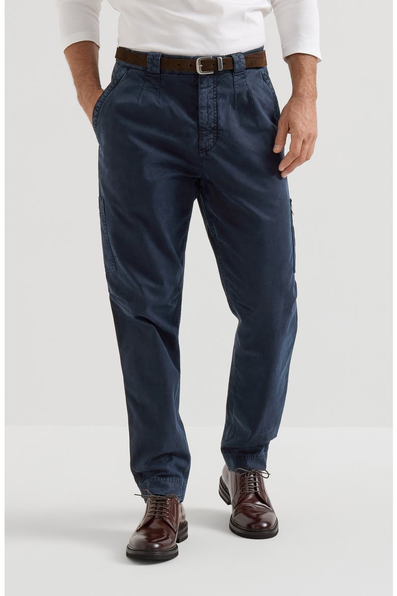 Peached cotton gabardine trousers with zipped pocket, Main, color, Navy Blue