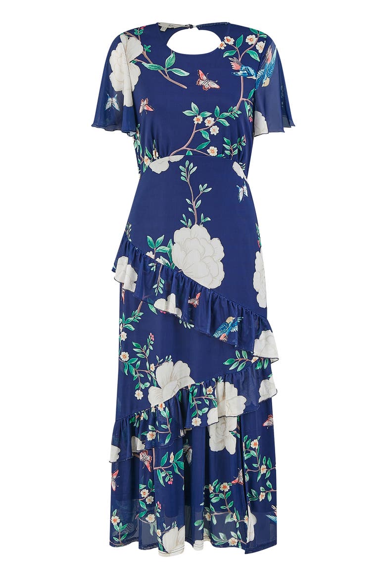Mesh Bird And Floral Print Midi Dress, Alternate, color, Navy