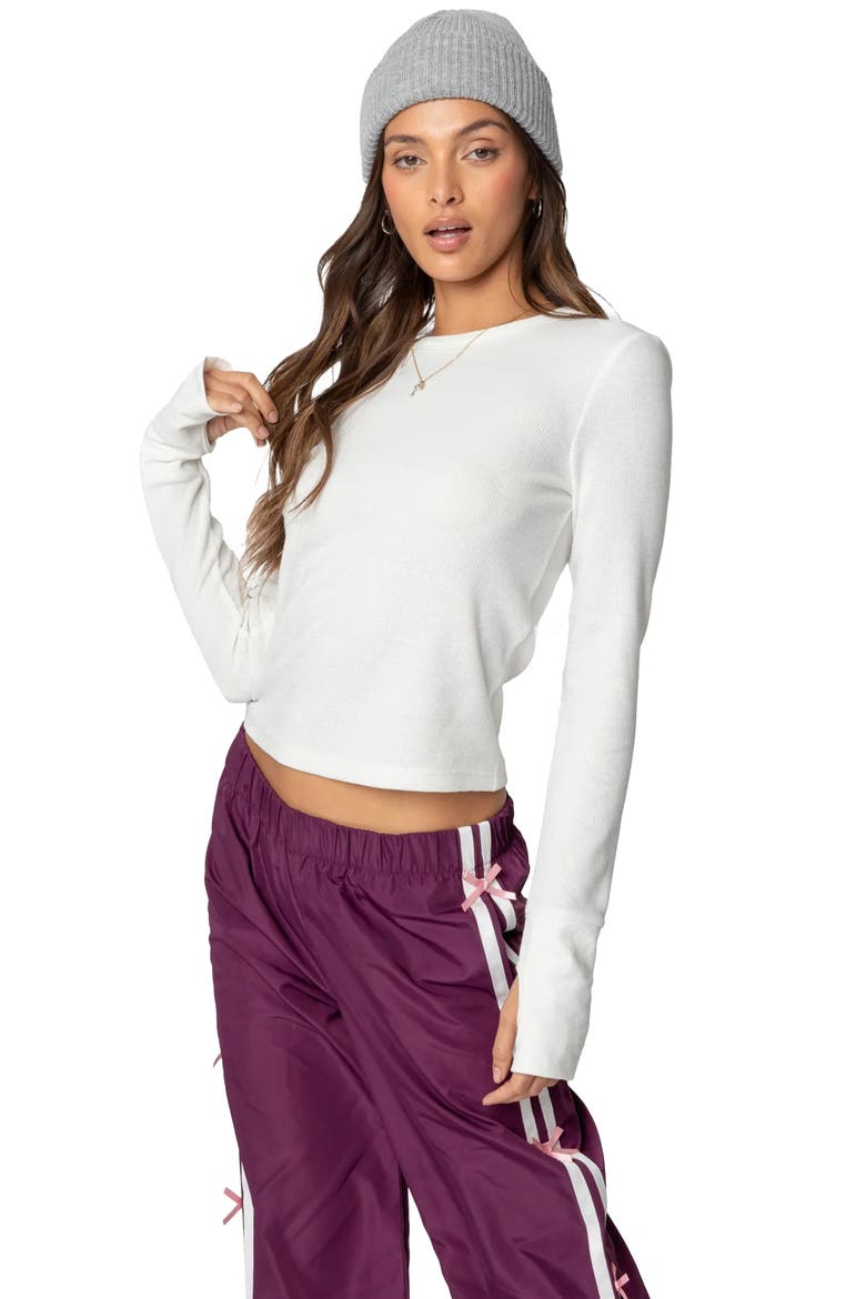 Waffle Knit Long Sleeve Crop T-Shirt, Alternate, color, WHITE