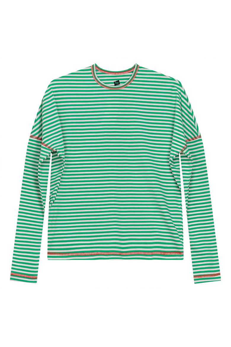 Striped Contrast Stitch Drop Shoulder Long Sleeve Top, Main, color, Apple/White