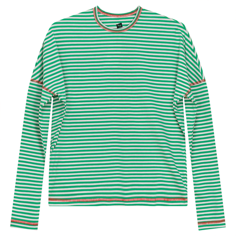 Striped Contrast Stitch Drop Shoulder Long Sleeve Top