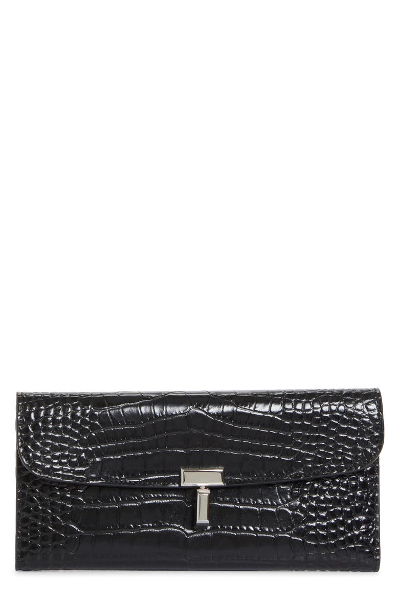 T-Lock Croc Embossed Leather Wallet, Main, color, BLACK