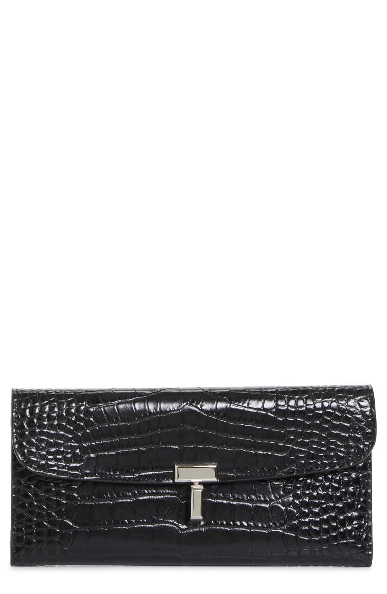 TOTEME T-Lock Croc Embossed Leather Wallet, Main, color, Black
