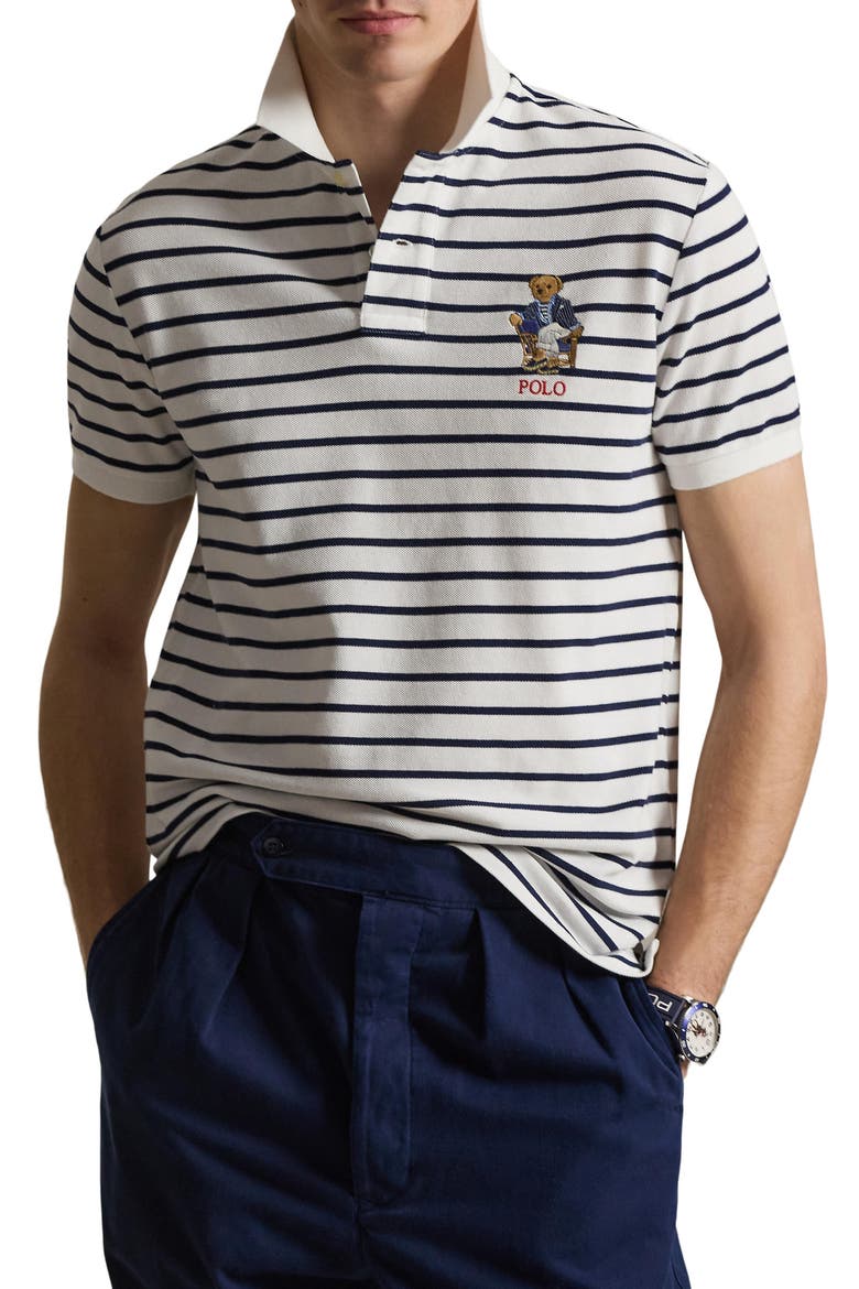 Polo Bear Slim Fit Cotton Mesh Polo, Main, color, NEWPORT BEAR-WHITE/ NPT NAVY