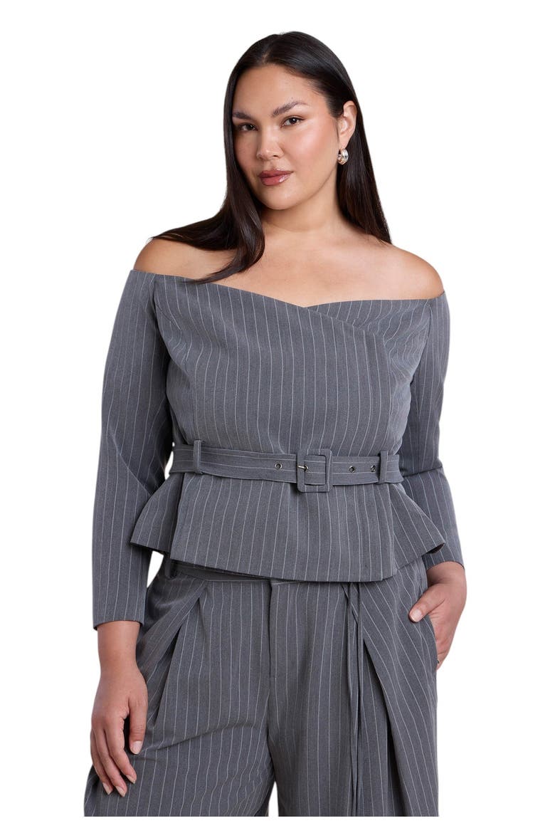 Off The Shoulder Belted Blazer Top, Alternate, color, DARK HEATHER GREY