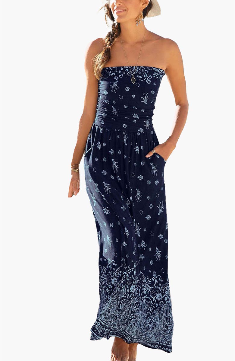 LASCANA Women's Bandeau Maxi Dress, Main, color, Navy Printed