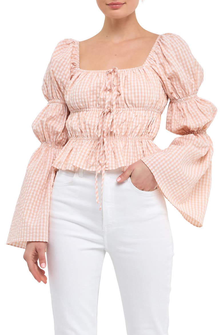 Front Tie Shirred Puff Sleeve Top, Main, color, BLUSH