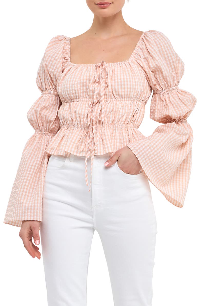 English Factory Front Tie Shirred Puff Sleeve Top, Main, color, Blush