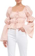 English Factory Front Tie Shirred Puff Sleeve Top