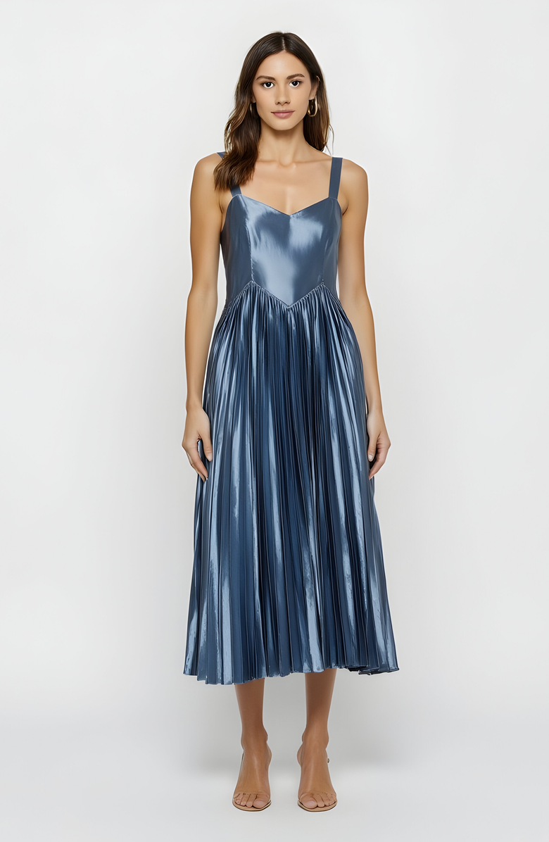 Modenaire Shiny Pleated Midi Dress with Sweetheart Neckline and Wide Straps, Main, color, 