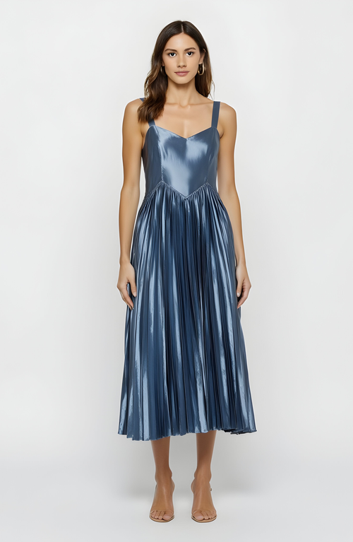 Modenaire Shiny Pleated Midi Dress With Sweetheart Neckline And Wide Straps In Blue