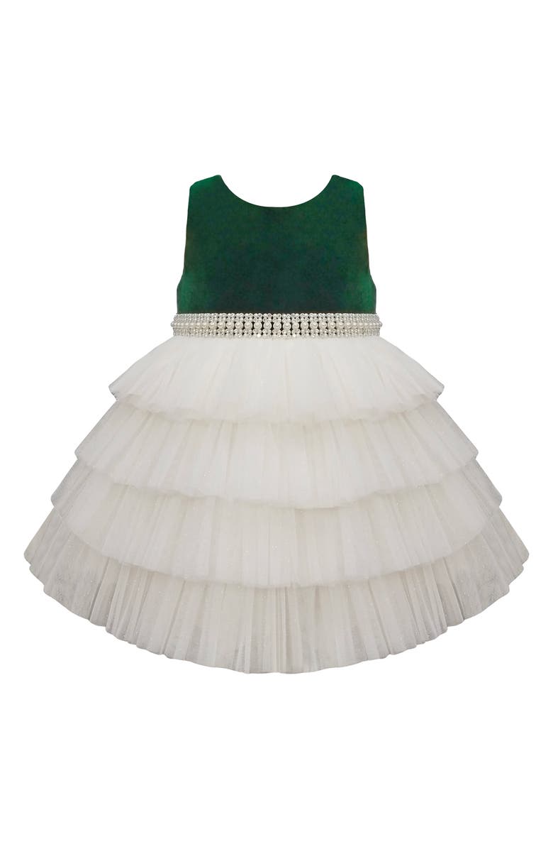 AMERICAN PRINCESS Velvet Tiered Mesh Party Dress, Main, color, Emerald Green Sparkle