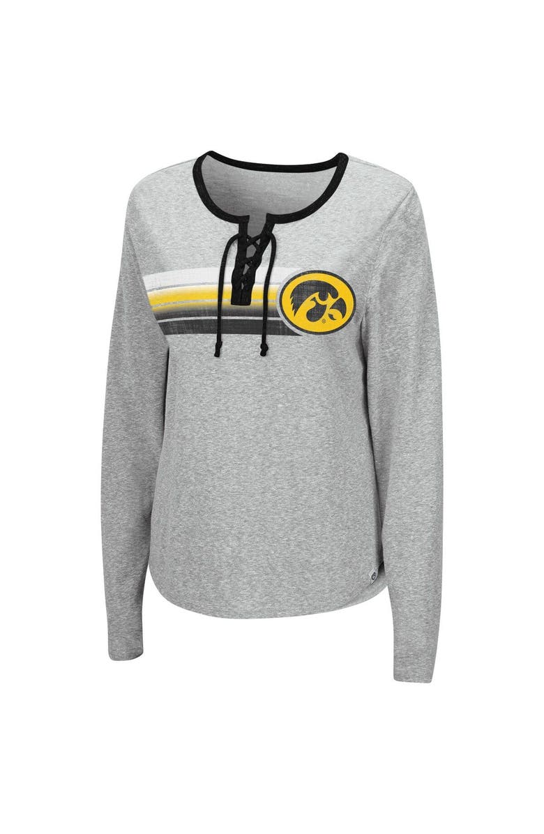 COLOSSEUM Women's Colosseum Heathered Gray Iowa Hawkeyes Sundial Tri-Blend Long Sleeve Lace-Up T-Shirt, Alternate, color,